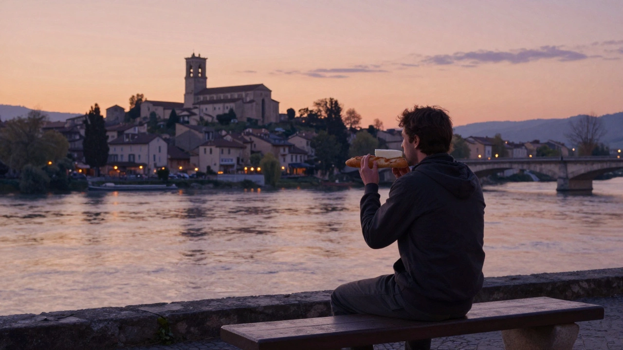 A traveler eats fresh bread and cheese on a riverside bench at dusk, surrounded by peaceful French countryside.