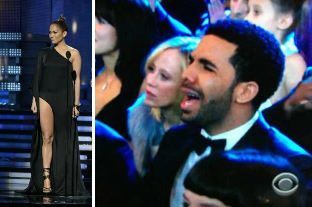 Drake reacting to seeing J-Lo on the stage